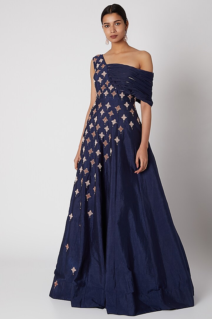 Navy Blue Embroidered Gown by MASUMI MEWAWALLA