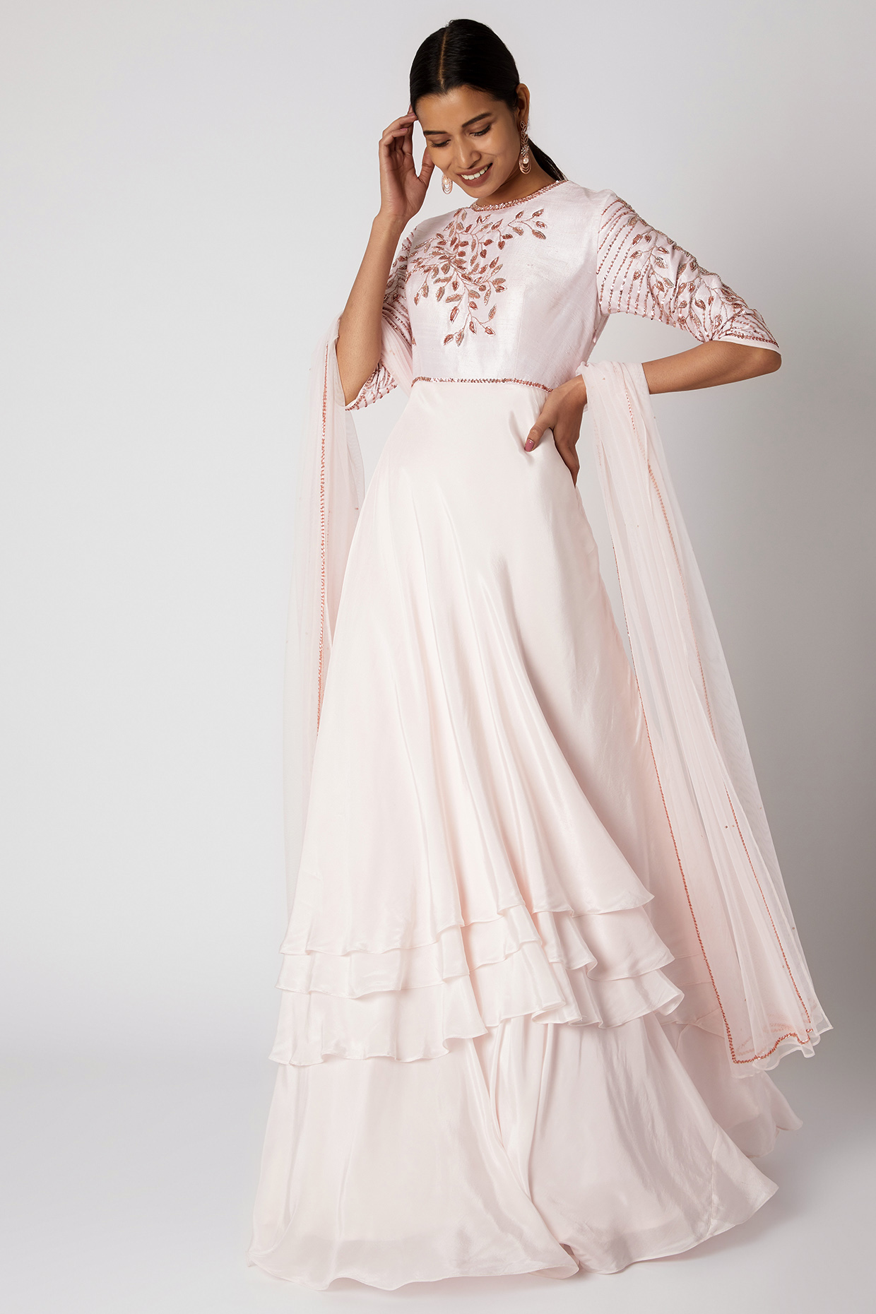 Baby Pink Embroidered Layered Anarkali With Dupatta by MASUMI MEWAWALLA at Pernia's Pop Up Shop