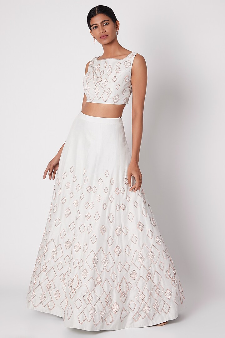 Light Mint Green Embroidered Lehenga With Crop Top by MASUMI MEWAWALLA
