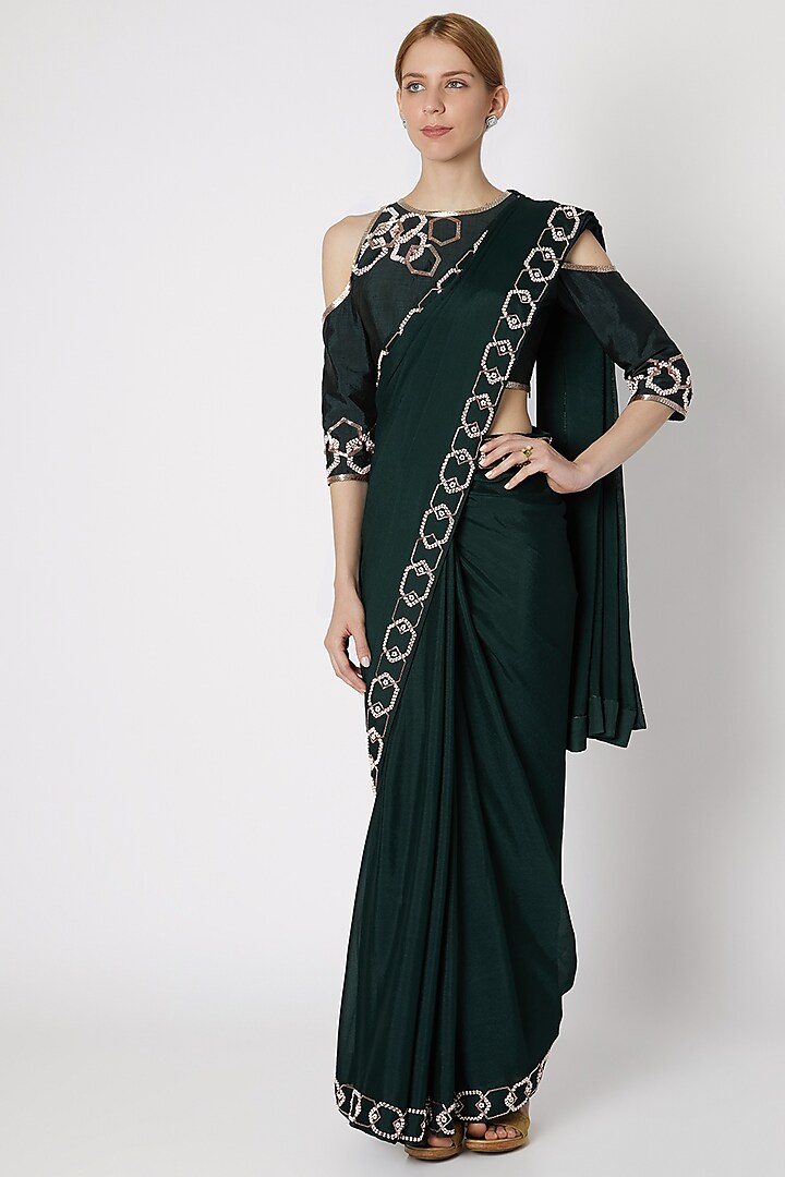 Mehendi Green Embroidered Saree Set by Pink Peacock Couture
