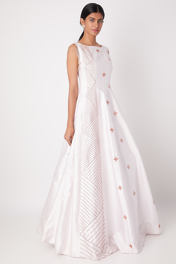 Lilac Embroidered Shoulder Panel Gown by MASUMI MEWAWALLA
