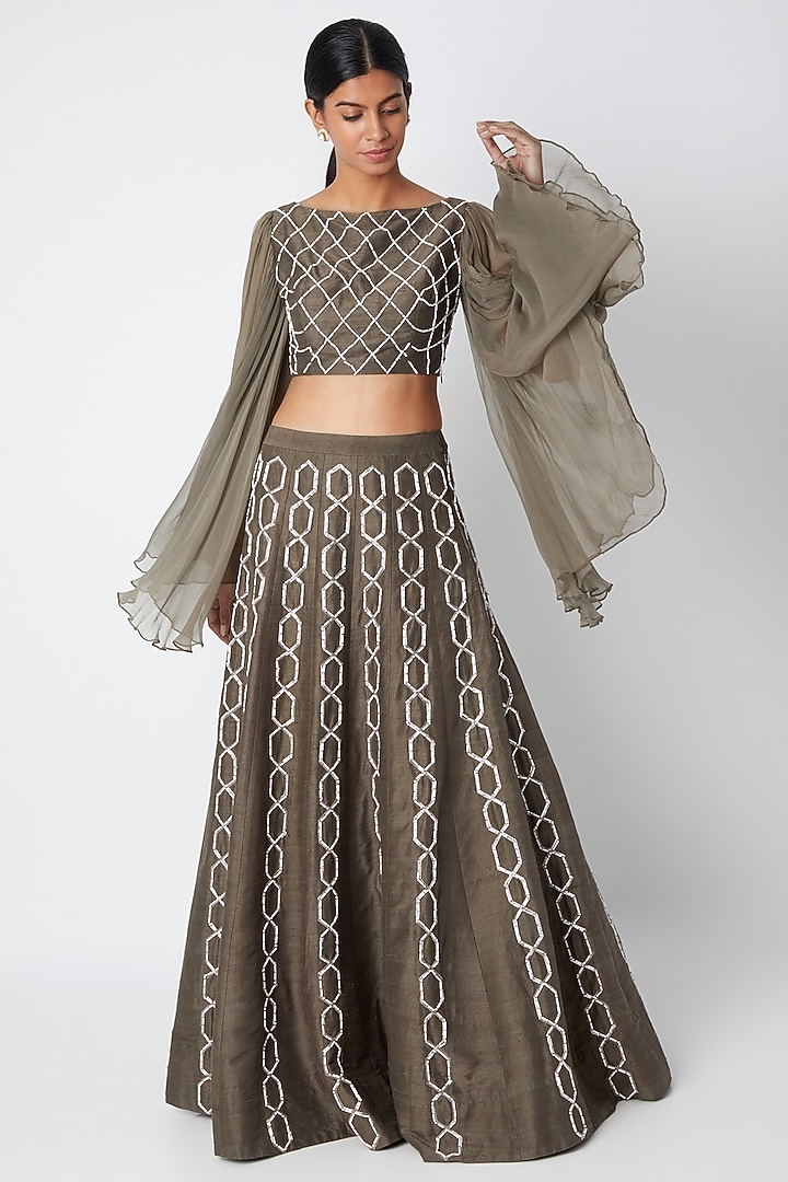 Olive Green Embroidered Wedding Lehenga With Top by MASUMI MEWAWALLA at Pernia's Pop Up Shop