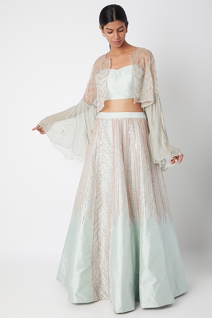 Light Mint Green Sequins Embroidered Jacket Wedding Lehenga Set by MASUMI MEWAWALLA at Pernia's Pop Up Shop