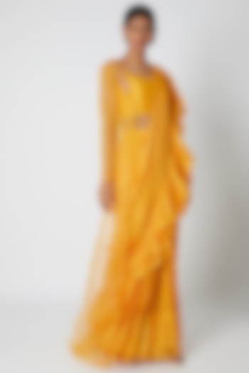 Mango Yellow Crepe & Raw Silk Sequins Embroidered Ruffled Saree Set by MASUMI MEWAWALLA