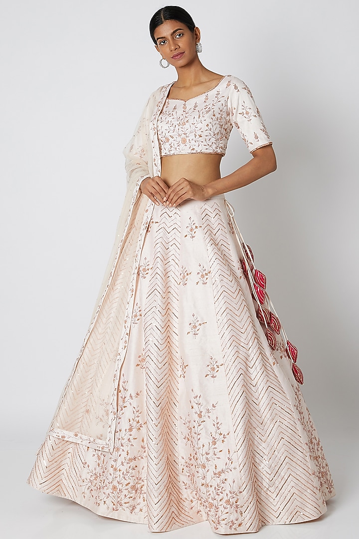 Nude Raw Silk Sequins Embroidered Wedding Lehenga Set by MASUMI MEWAWALLA at Pernia's Pop Up Shop