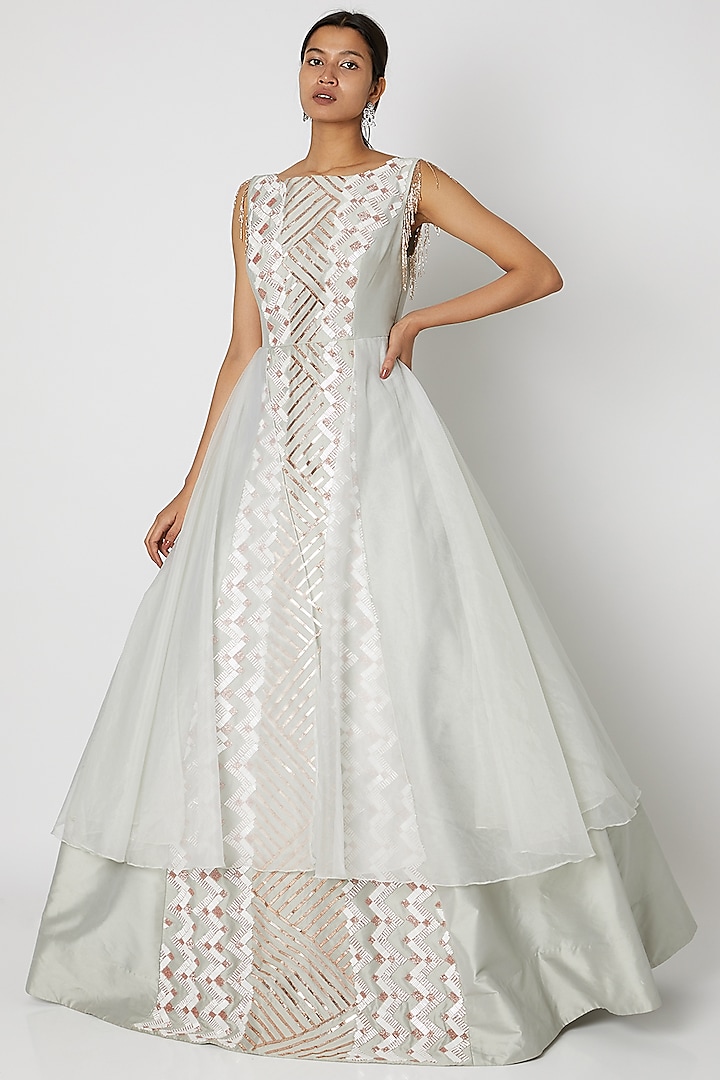 Light Olive Green Embroidered Gown by Pink Peacock Couture
