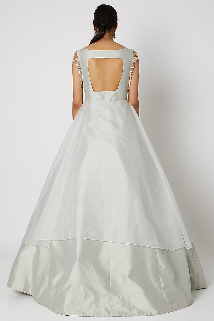 Light Olive Green Embroidered Engagement Gown by MASUMI MEWAWALLA at Pernia's Pop Up Shop