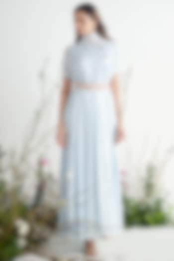 Light Blue Embroidered Kaftan With Belt by MASUMI MEWAWALLA at Pernia's Pop Up Shop