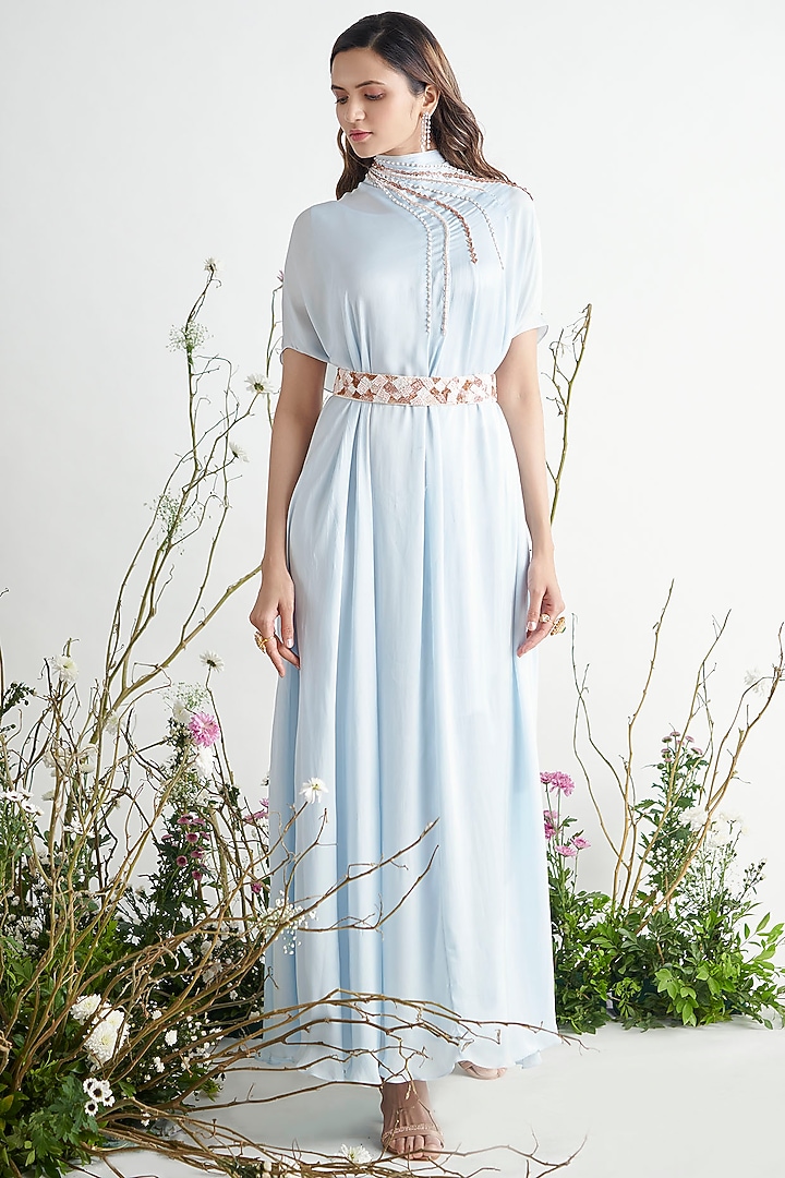 Light Blue Embroidered Kaftan With Belt by MASUMI MEWAWALLA at Pernia's Pop Up Shop