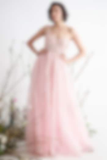 Rose Pink Embroidered Gown by MASUMI MEWAWALLA