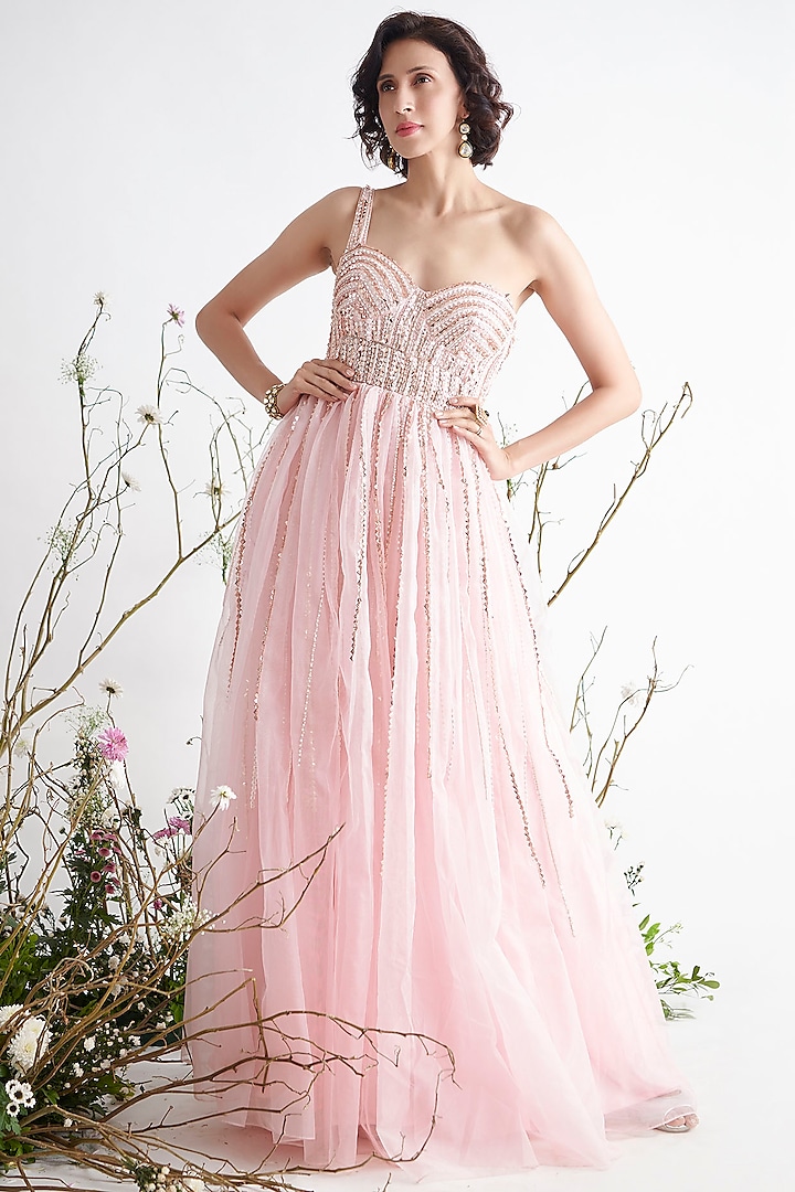 Rose Pink Embroidered Gown by MASUMI MEWAWALLA