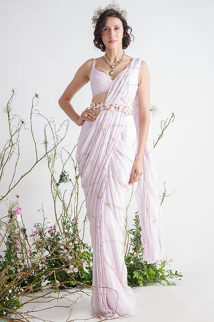 Light Lilac Dupion & Crepe Embroidered Wedding Saree Set by MASUMI MEWAWALLA at Pernia's Pop Up Shop