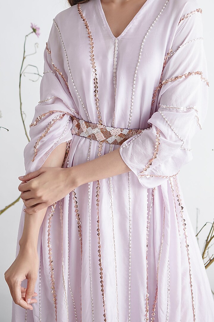 Lilac Embroidered Kaftan With Belt by MASUMI MEWAWALLA at Pernia's Pop Up Shop