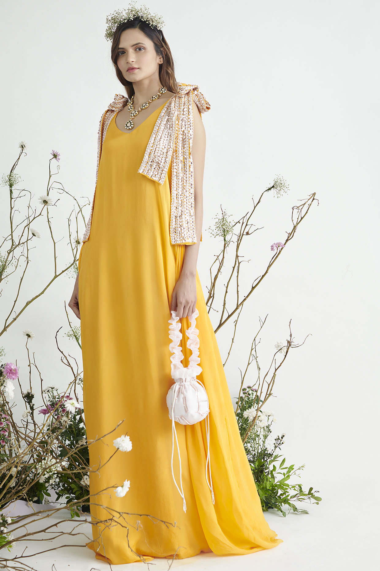 Yellow embroidered maxi dress top