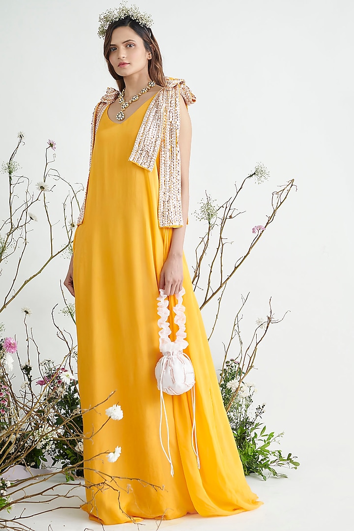 Yellow Embroidered Maxi Dress by MASUMI MEWAWALLA