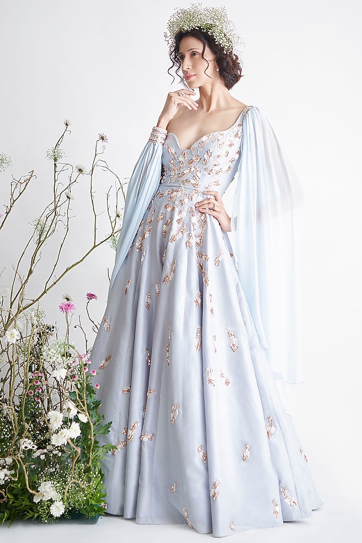 Light Blue Embroidered Draped Wedding Gown by MASUMI MEWAWALLA at Pernia's Pop Up Shop