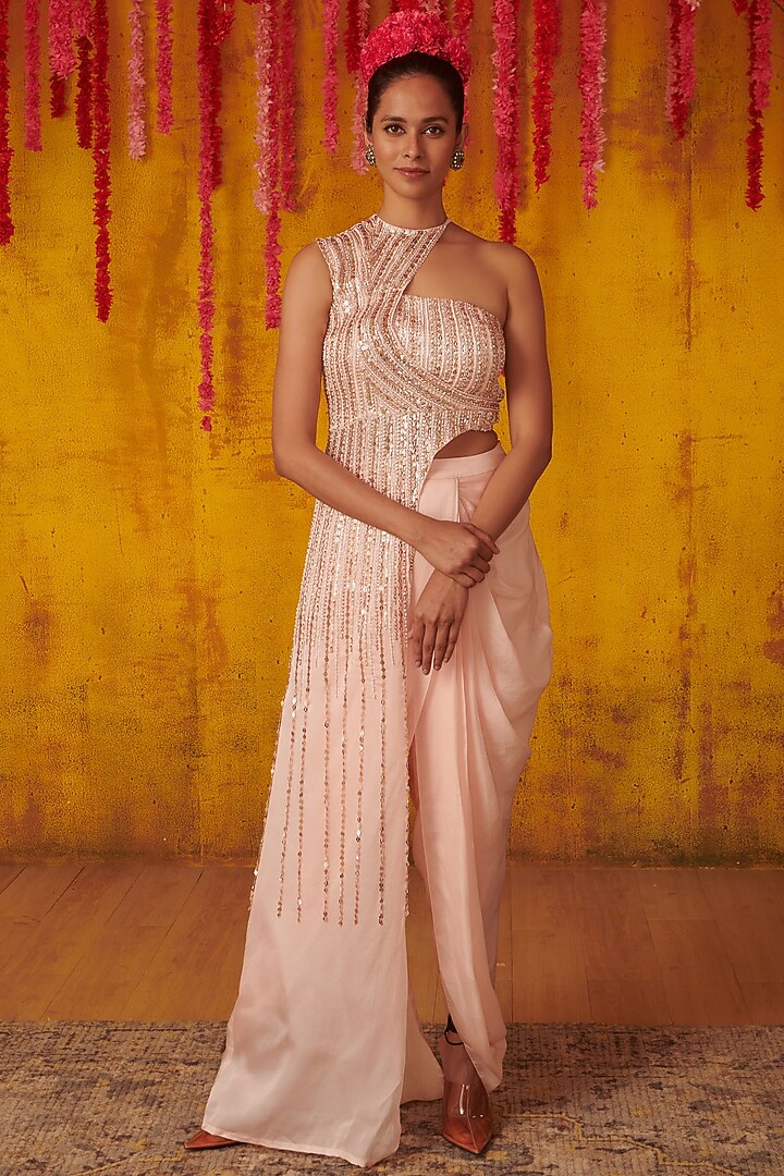 Blush Pink Satin Organza Dhoti Set by MASUMI MEWAWALLA at Pernia's Pop Up Shop