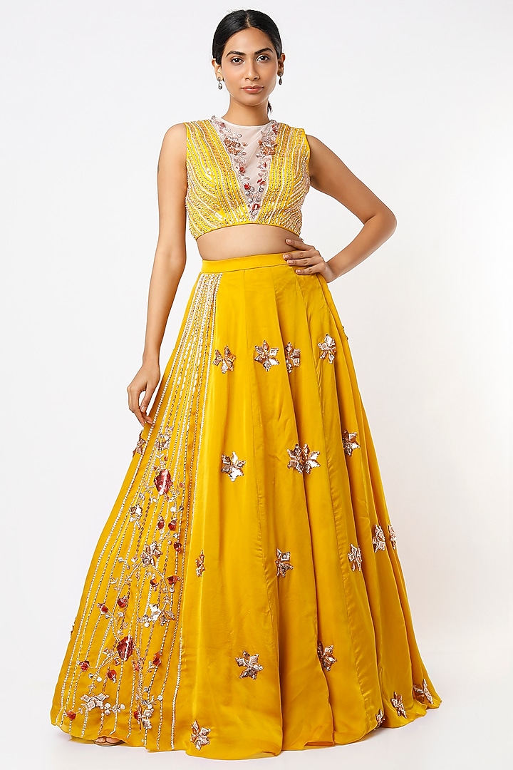 Mustard Embroidered Paneled Wedding Lehenga Set by MASUMI MEWAWALLA at Pernia's Pop Up Shop