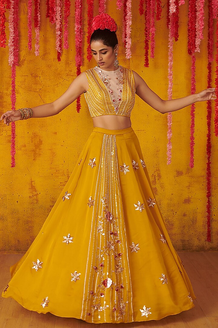 Mustard Embroidered Paneled Lehenga Set by Pink Peacock Couture