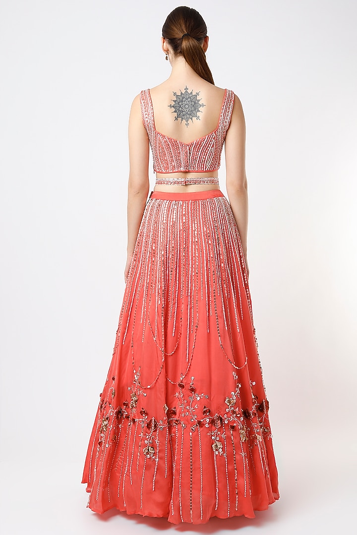 Coral Embroidered Bridal Lehenga Set by MASUMI MEWAWALLA at Pernia's Pop Up Shop