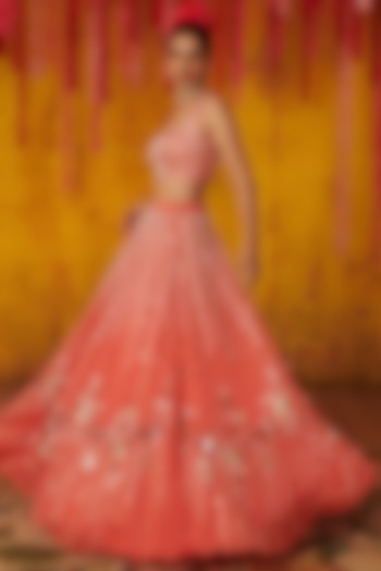 Coral Embroidered Bridal Lehenga Set by MASUMI MEWAWALLA at Pernia's Pop Up Shop