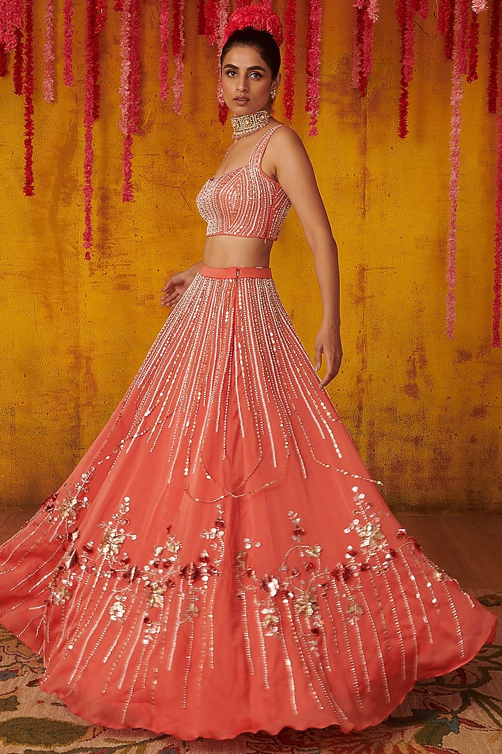 Coral Embroidered Bridal Lehenga Set by MASUMI MEWAWALLA at Pernia's Pop Up Shop