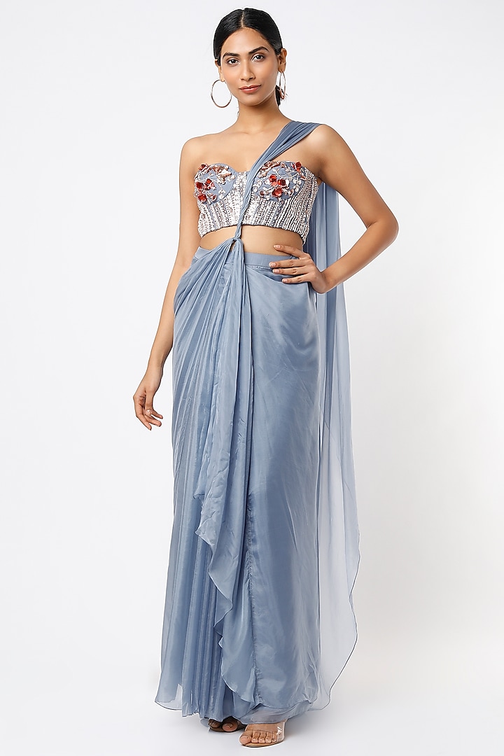 Periwinkle Satin Organza Draped Wedding Saree Set by MASUMI MEWAWALLA at Pernia's Pop Up Shop