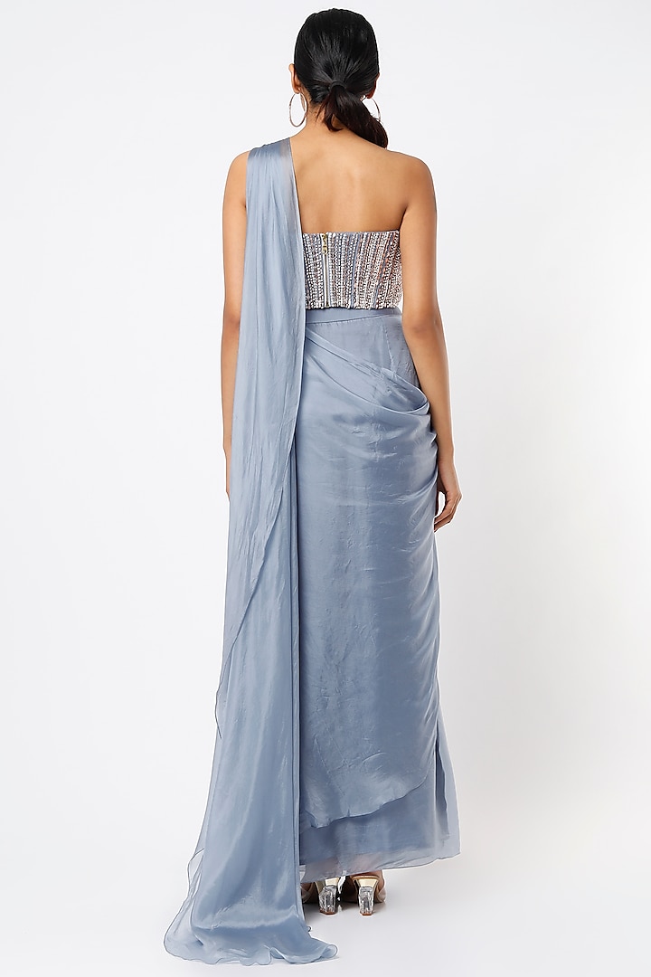 Periwinkle Satin Organza Draped Wedding Saree Set by MASUMI MEWAWALLA at Pernia's Pop Up Shop