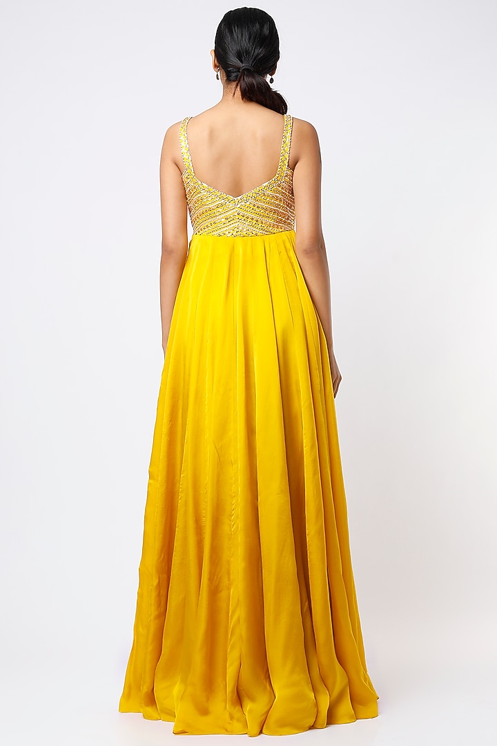 Mustard Yellow Satin Organza Party Wear Anarkali by MASUMI MEWAWALLA at Pernia's Pop Up Shop