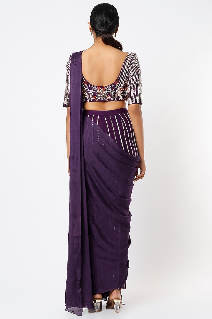 Purple Tabby Silk & Dupion Draped Pant Wedding Saree Set by MASUMI MEWAWALLA at Pernia's Pop Up Shop
