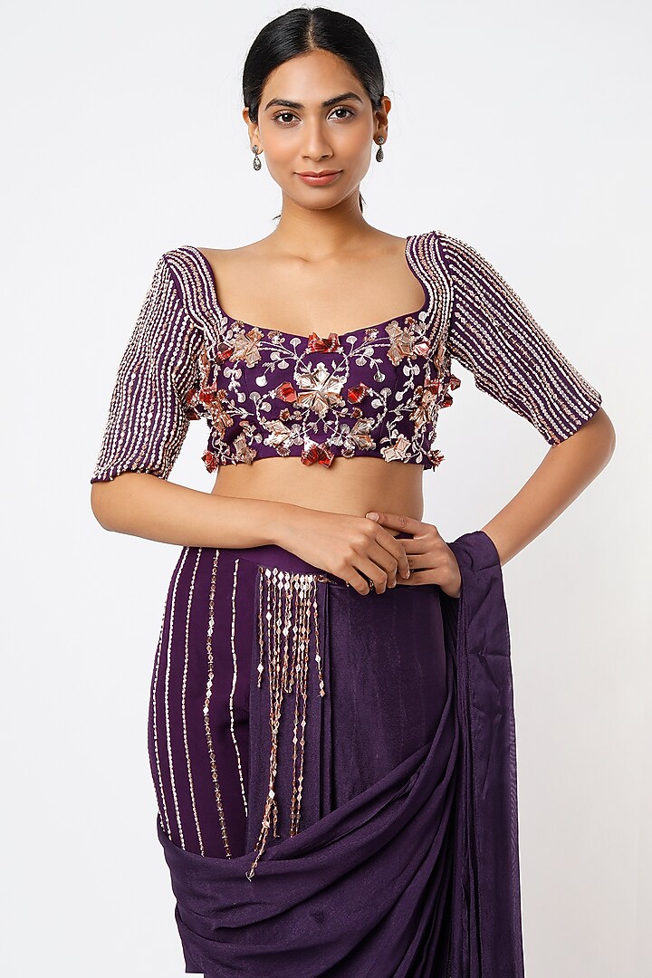 Purple Tabby Silk & Dupion Draped Pant Wedding Saree Set by MASUMI MEWAWALLA at Pernia's Pop Up Shop