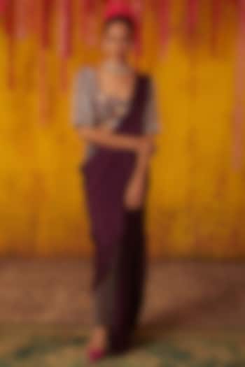 Purple Tabby Silk & Dupion Draped Pant Saree Set by MASUMI MEWAWALLA