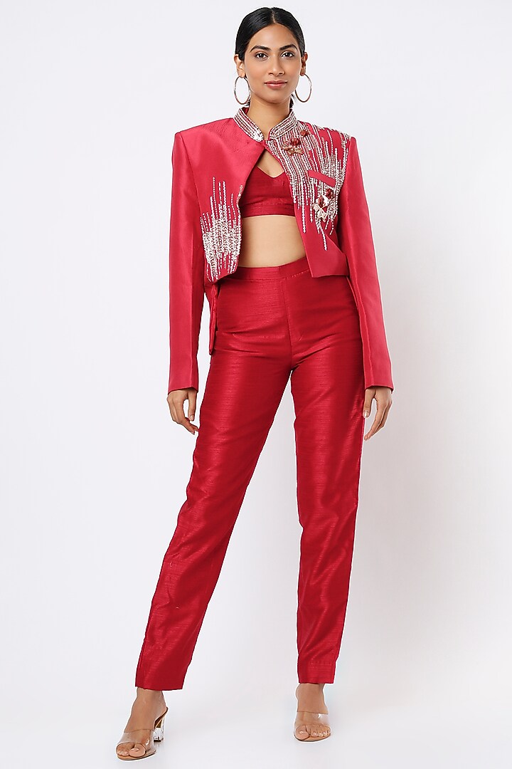 Cadmium Red Embroidered Jacket Set by MASUMI MEWAWALLA at Pernia's Pop Up Shop