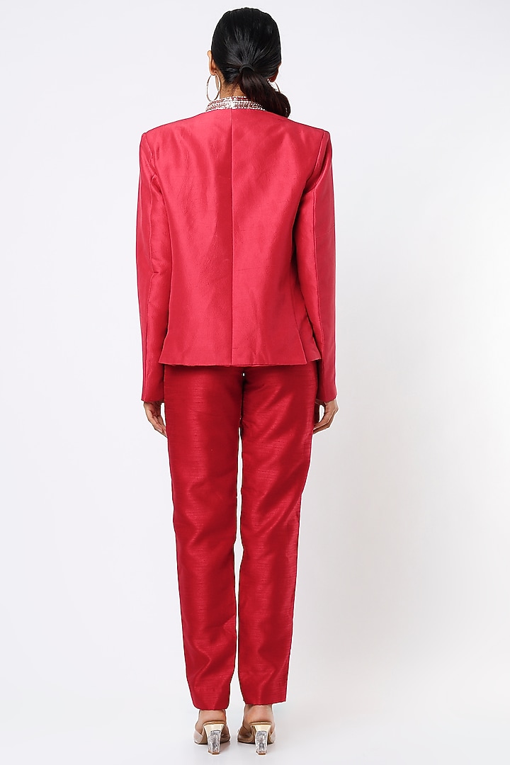 Cadmium Red Embroidered Jacket Set by MASUMI MEWAWALLA at Pernia's Pop Up Shop