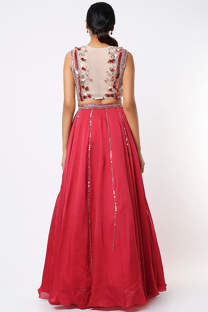 Cadmium Red Satin Organza Wedding Lehenga Set by MASUMI MEWAWALLA at Pernia's Pop Up Shop