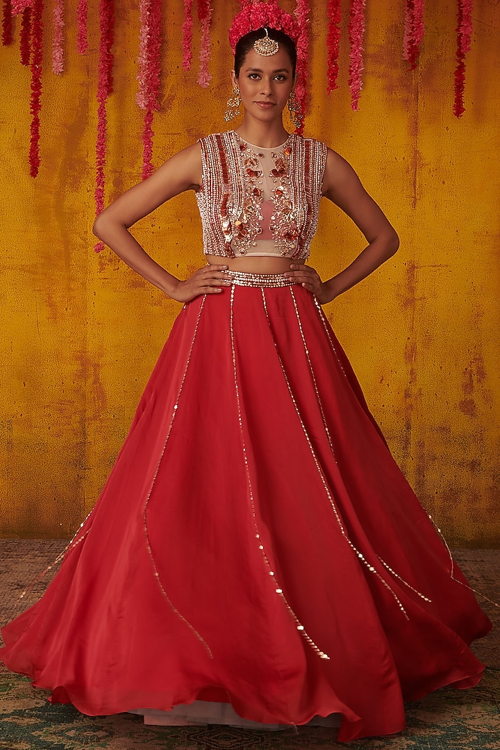 Cadmium Red Satin Organza Wedding Lehenga Set by MASUMI MEWAWALLA at Pernia's Pop Up Shop