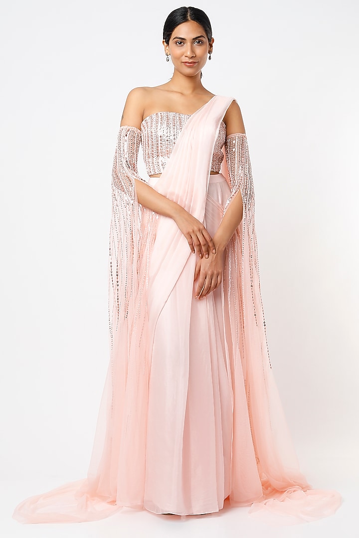 Blush Pink Crepe & Net Draped Wedding Saree Set by MASUMI MEWAWALLA at Pernia's Pop Up Shop