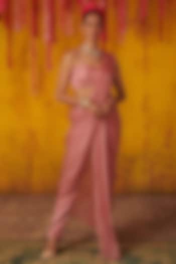 Onion Pink Tabby Silk & Satin Organza Tasseled Draped Pant Saree Set by MASUMI MEWAWALLA
