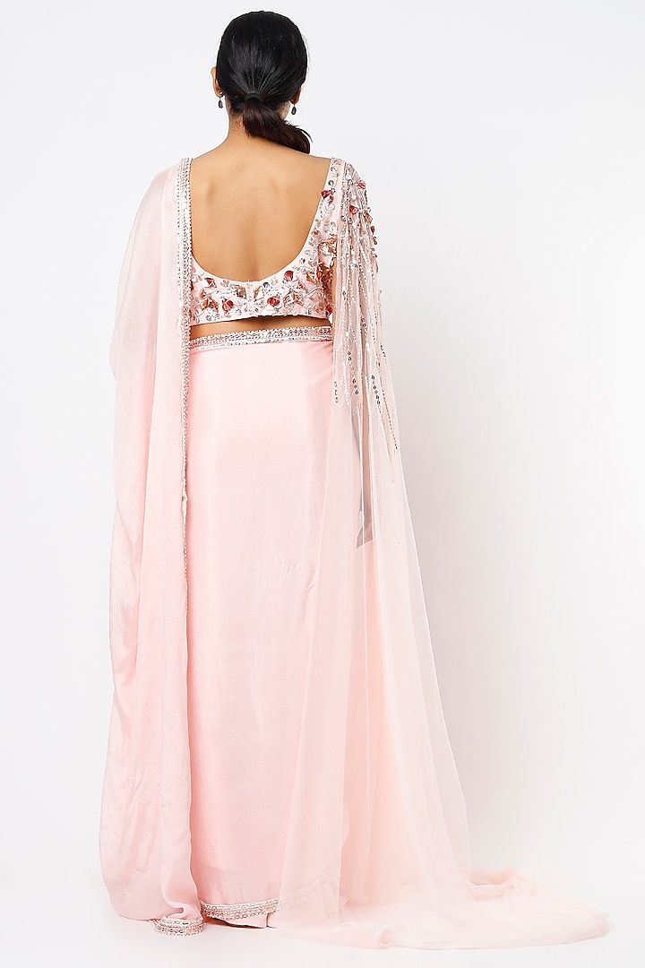 Blush Pink Tabby Silk Draped Wedding Saree Set by MASUMI MEWAWALLA at Pernia's Pop Up Shop