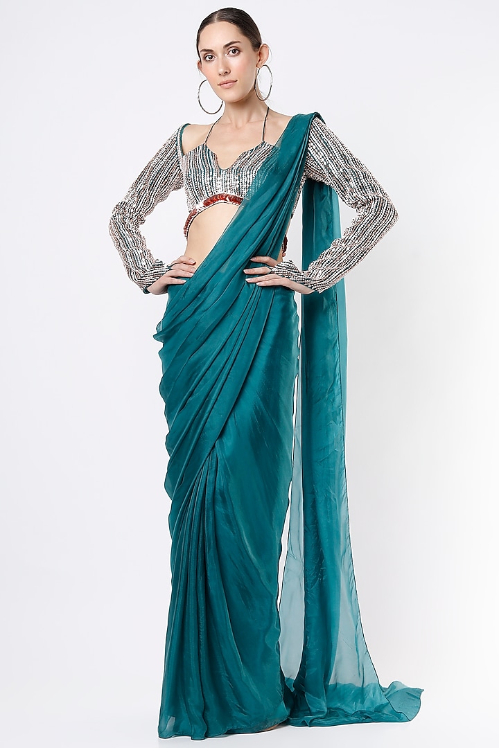 Teal Blue Dobby Silk Draped Wedding Saree Set by MASUMI MEWAWALLA at Pernia's Pop Up Shop