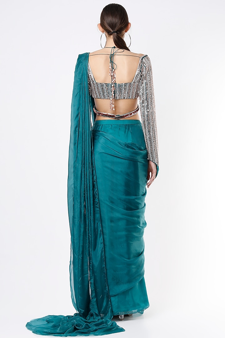 Teal Blue Dobby Silk Draped Wedding Saree Set by MASUMI MEWAWALLA at Pernia's Pop Up Shop
