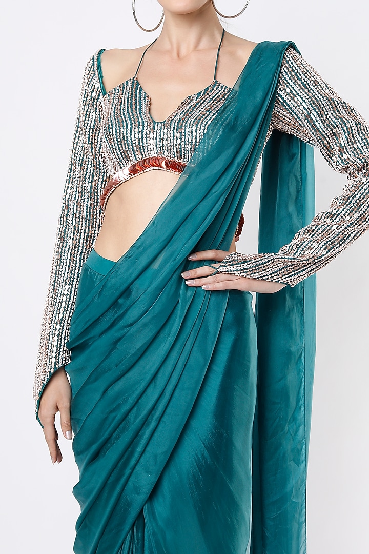 Teal Blue Dobby Silk Draped Wedding Saree Set by MASUMI MEWAWALLA at Pernia's Pop Up Shop
