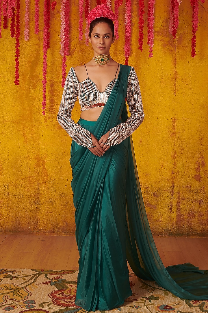 Teal Blue Dobby Silk Draped Wedding Saree Set by MASUMI MEWAWALLA at Pernia's Pop Up Shop