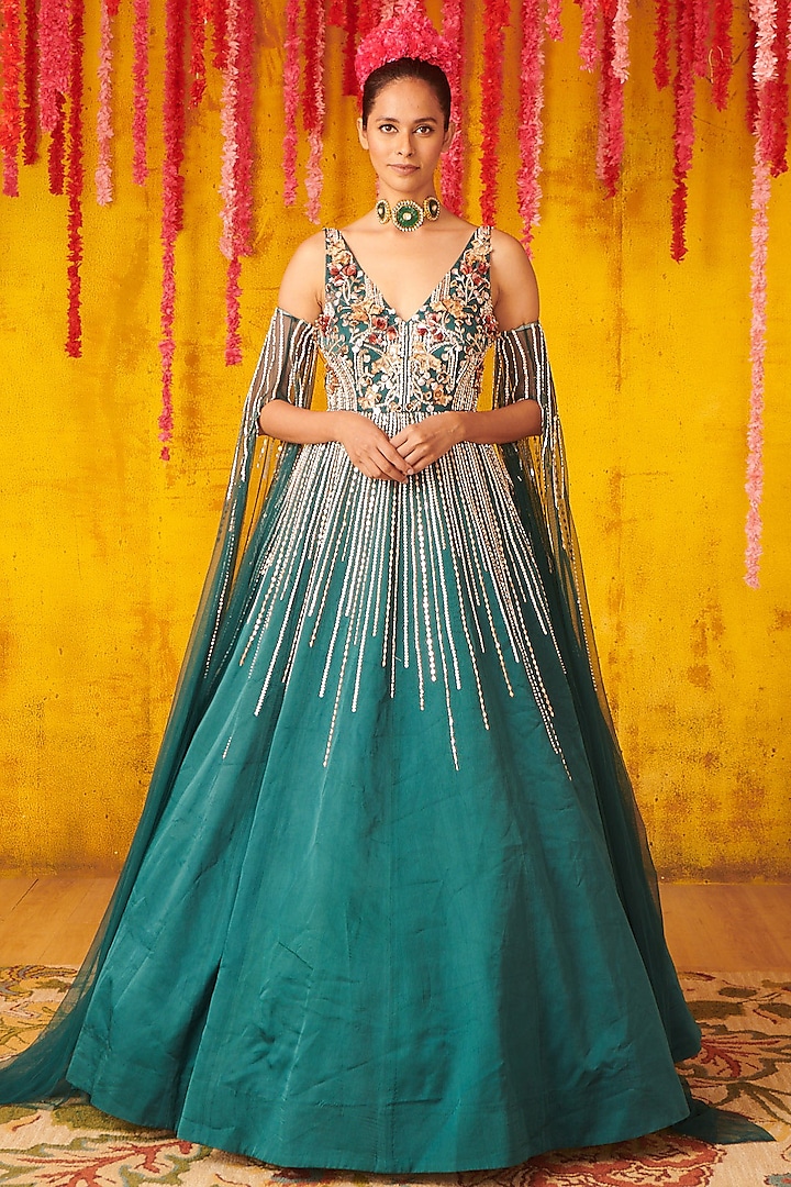 Teal Blue Embroidered Gown by MASUMI MEWAWALLA