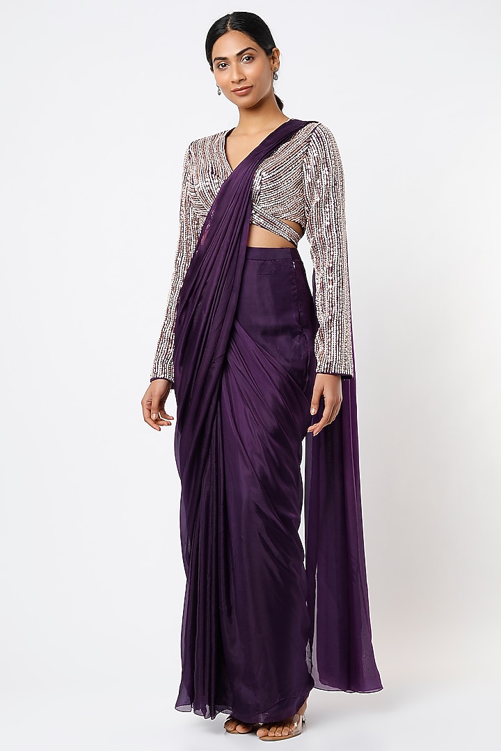 Violet Satin Organza Draped Wedding Saree Set by MASUMI MEWAWALLA at Pernia's Pop Up Shop
