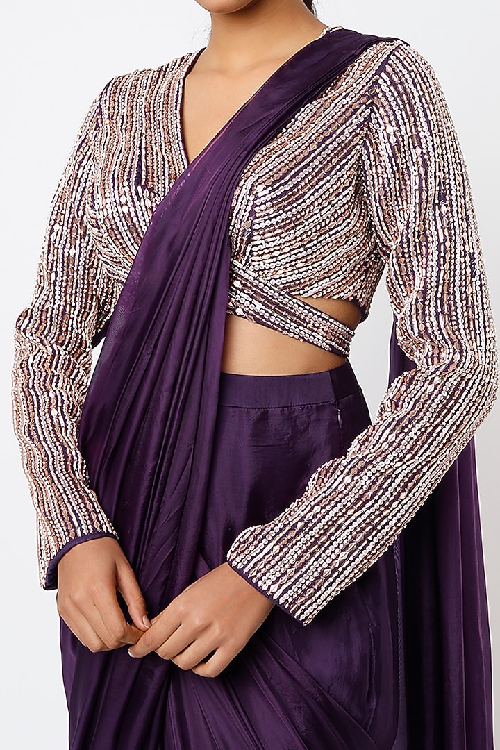 Violet Satin Organza Draped Wedding Saree Set by MASUMI MEWAWALLA at Pernia's Pop Up Shop