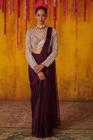 Violet Satin Organza Draped Saree Set by MASUMI MEWAWALLA