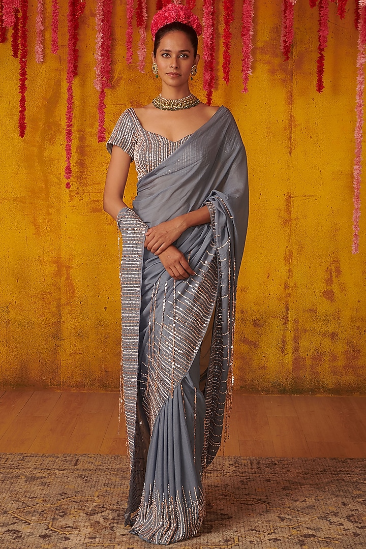 Periwinkle Blue Embroidered Draped Wedding Saree Set by MASUMI MEWAWALLA at Pernia's Pop Up Shop