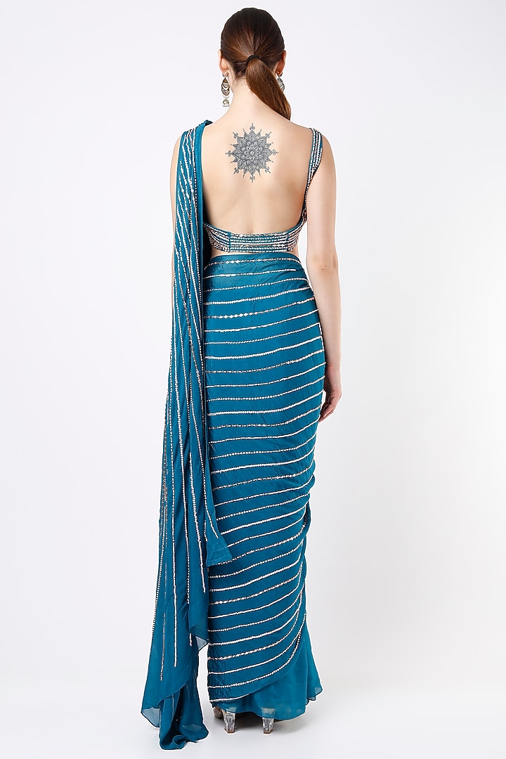 Neptune Blue Crepe Embroidered Pre-Stitched Wedding Saree Set by MASUMI MEWAWALLA at Pernia's Pop Up Shop