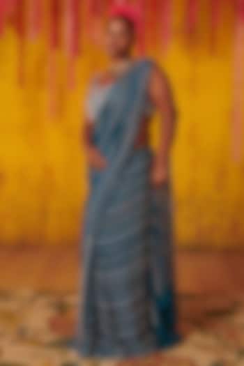 Neptune Blue Crepe Embroidered Pre-Stitched Wedding Saree Set by MASUMI MEWAWALLA at Pernia's Pop Up Shop